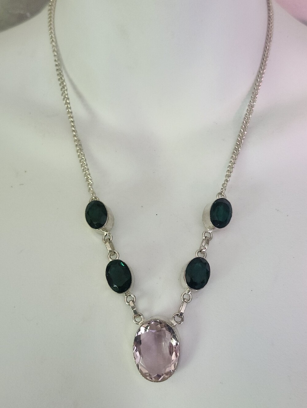 Sterling Silver Chain Necklace with Pink Stone Pendant and Dark Green Accents
